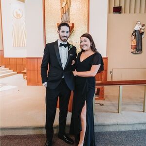 David’s Bridal Flutter Sleeve Dress with Cascade -BLACK